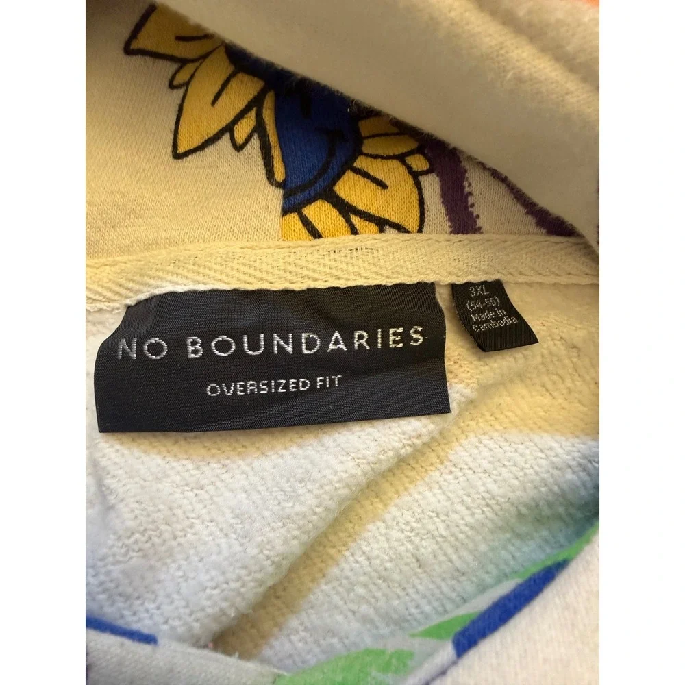 No Boundaries Mens 3XL Oversized Hoodie Doodle Print Mushroom Flamingo Cream